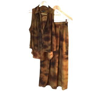 LA FÉE VERTE Women Silk Tie-Dye Set Sleeveless Top Wide Leg Skirt Coastal Boho S